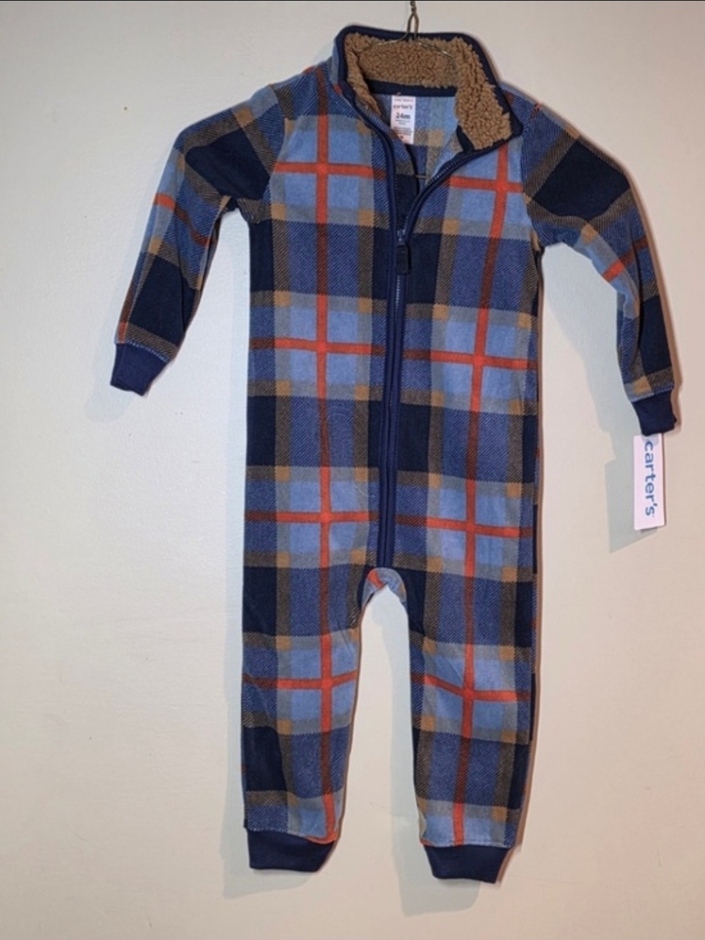 NWT Carter's 24M Plaid Fleece Jumpsuit Sherpa Collar Zip One Piece